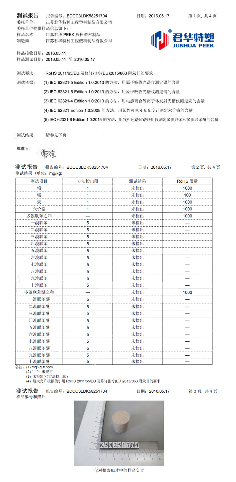 Jiangsu Junhua PEEK sheet and rod profile products passed ROHS certification